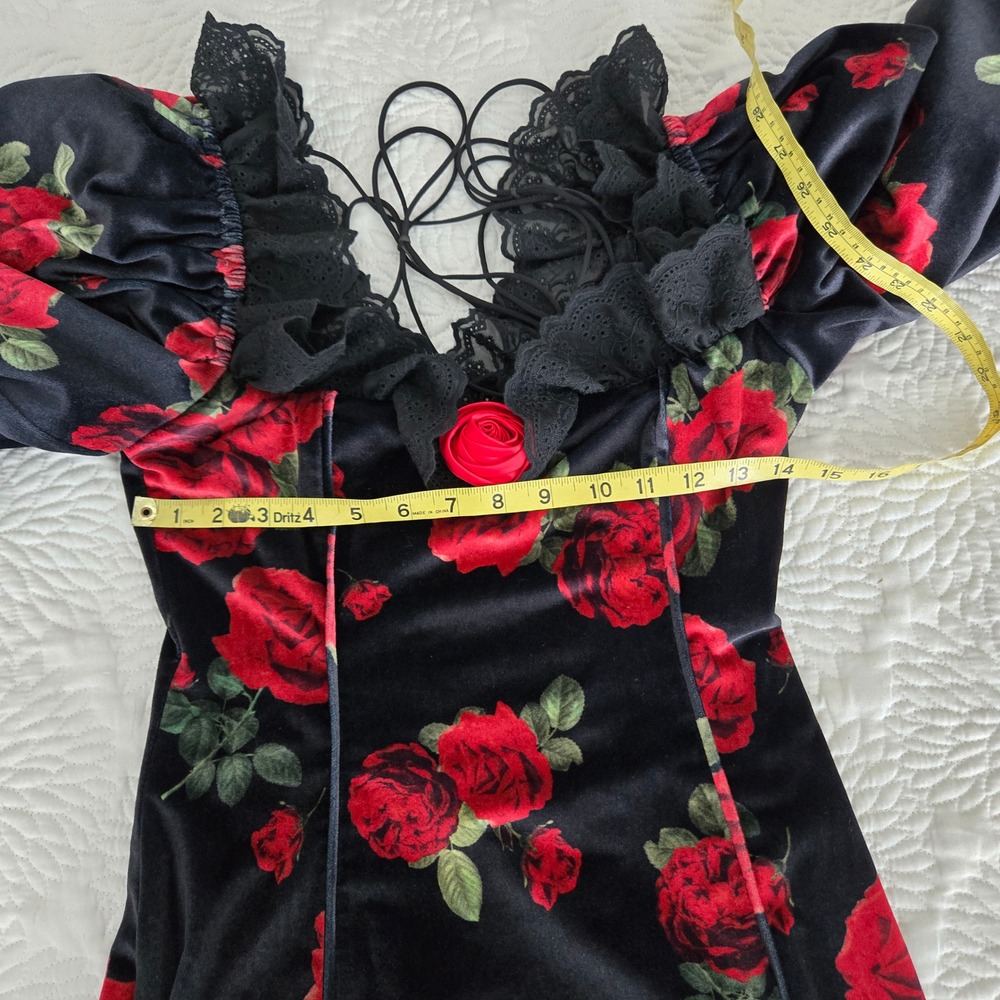 For Love & Lemons Yara Printed Velvet Mini Dress Black Red Rose Lace Ruffle - Picture 8 of 9